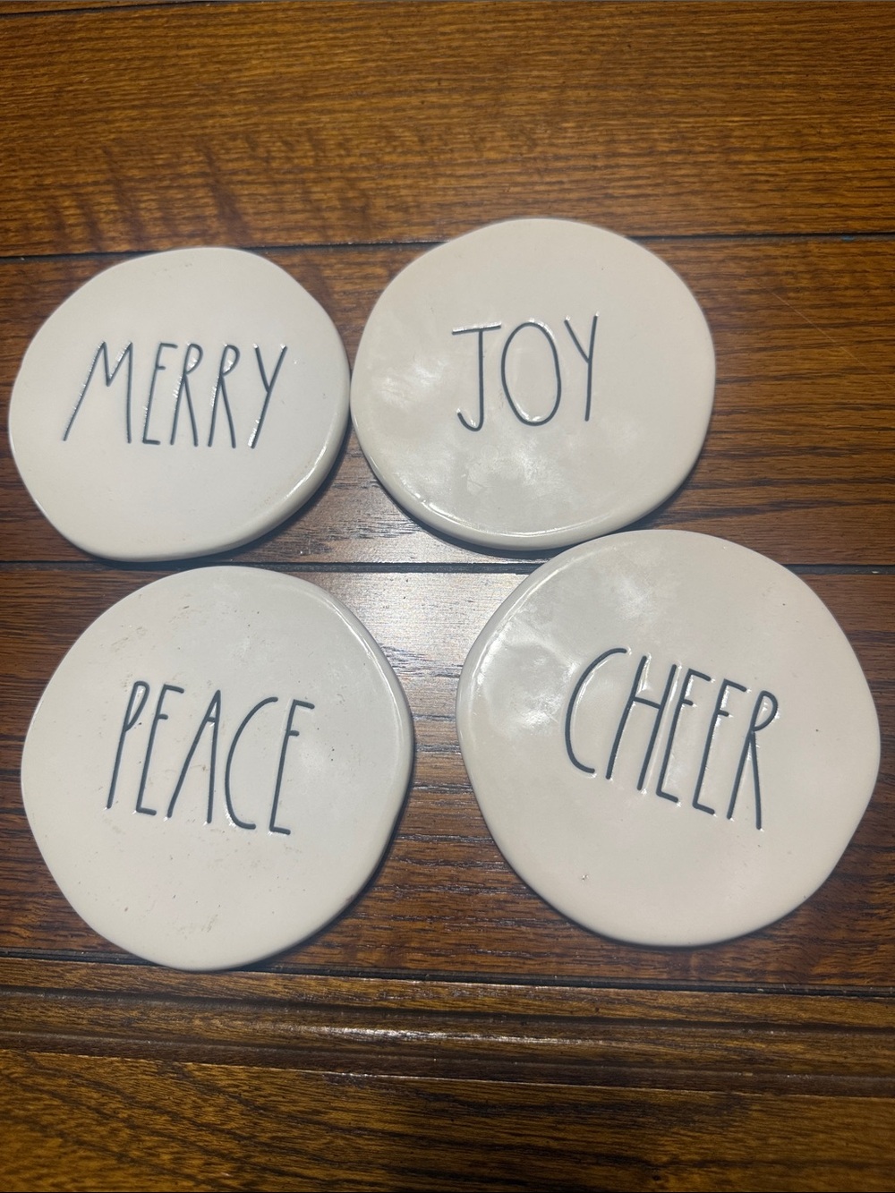 Rae Dunn Neutral White 'Merry Joy Peace Cheer' Ceramic Holiday Coaster Set